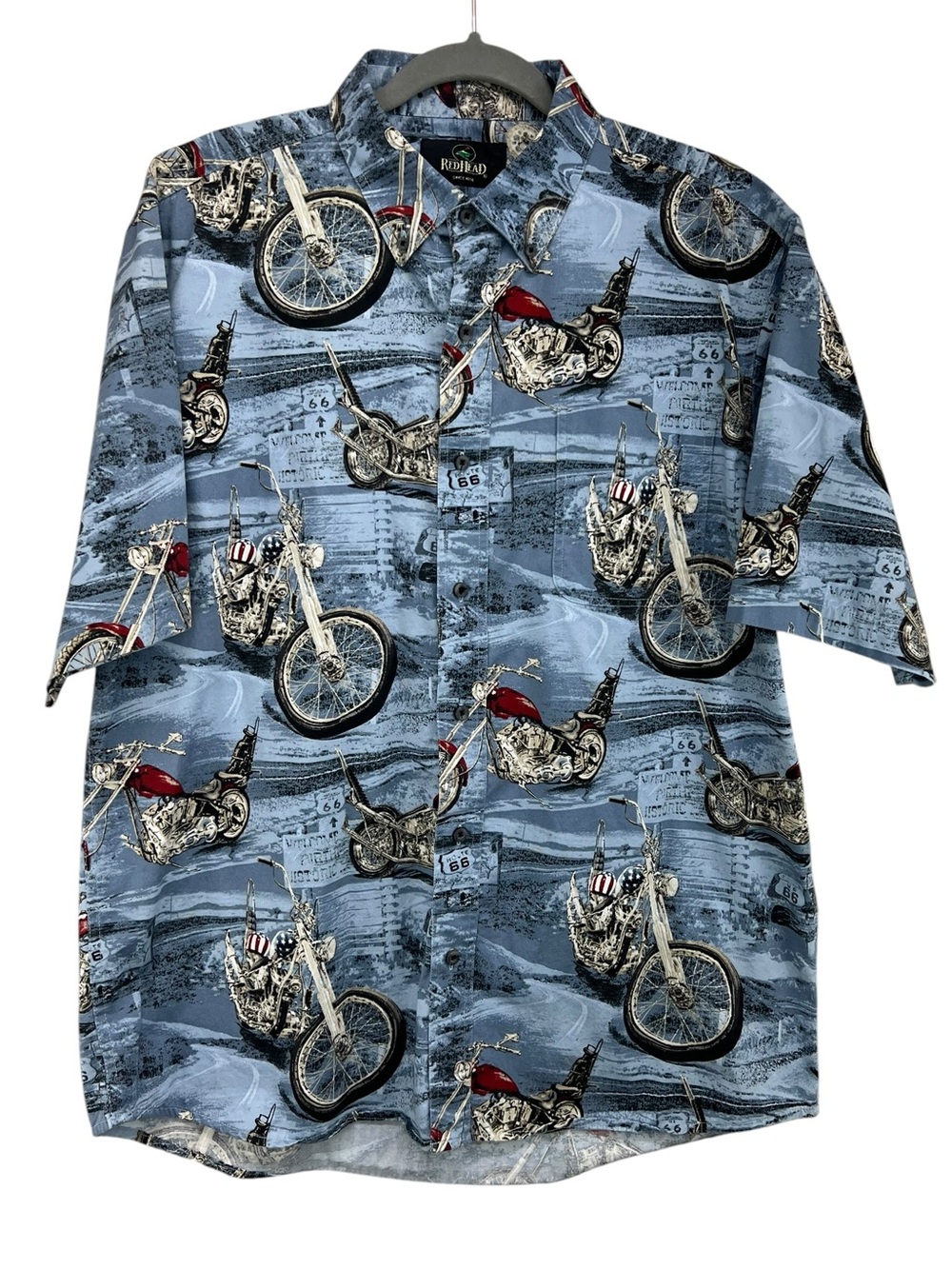 Red Head Americana Motorcyles Short Sleeve Button Down Shirt Mens Large Cotton